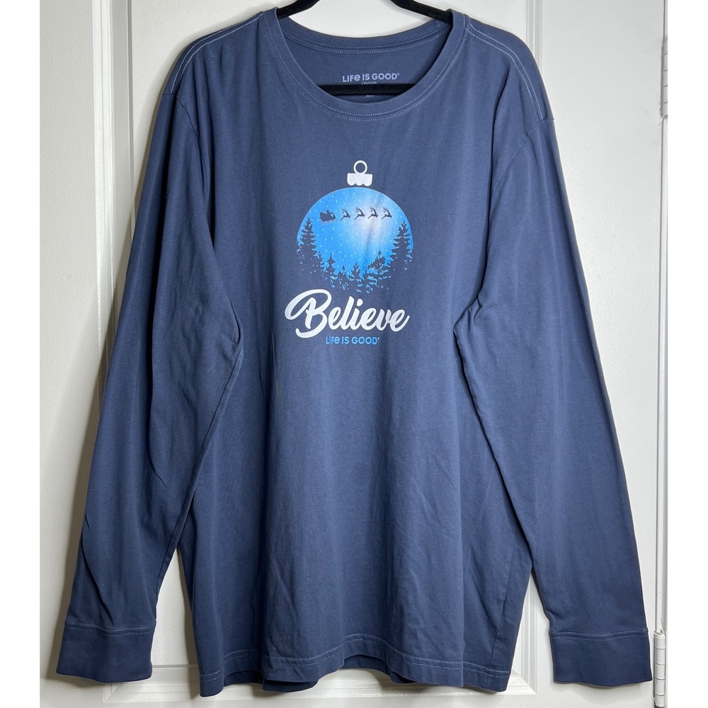 Life is Good Mens XL Crusher Long Sleeve Believe Christmas Reindeer Blue Tee